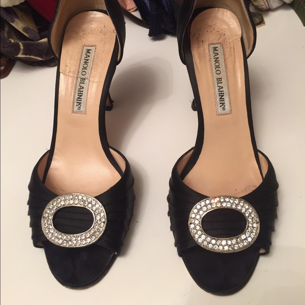 Manolo Blahnik black satin and jeweled heels
